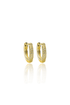 A pair of sparkling gold huggie earrings featuring embedded pavé diamonds rests upright against a clean white background, reflecting softly below.