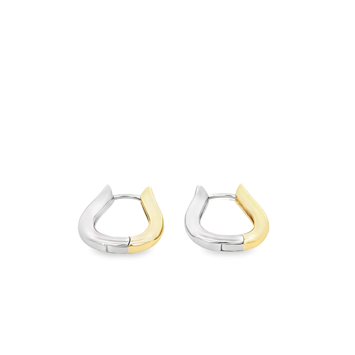 A pair of two-tone huggie hoop earrings featuring a contrasting design of gleaming yellow gold and polished silver.