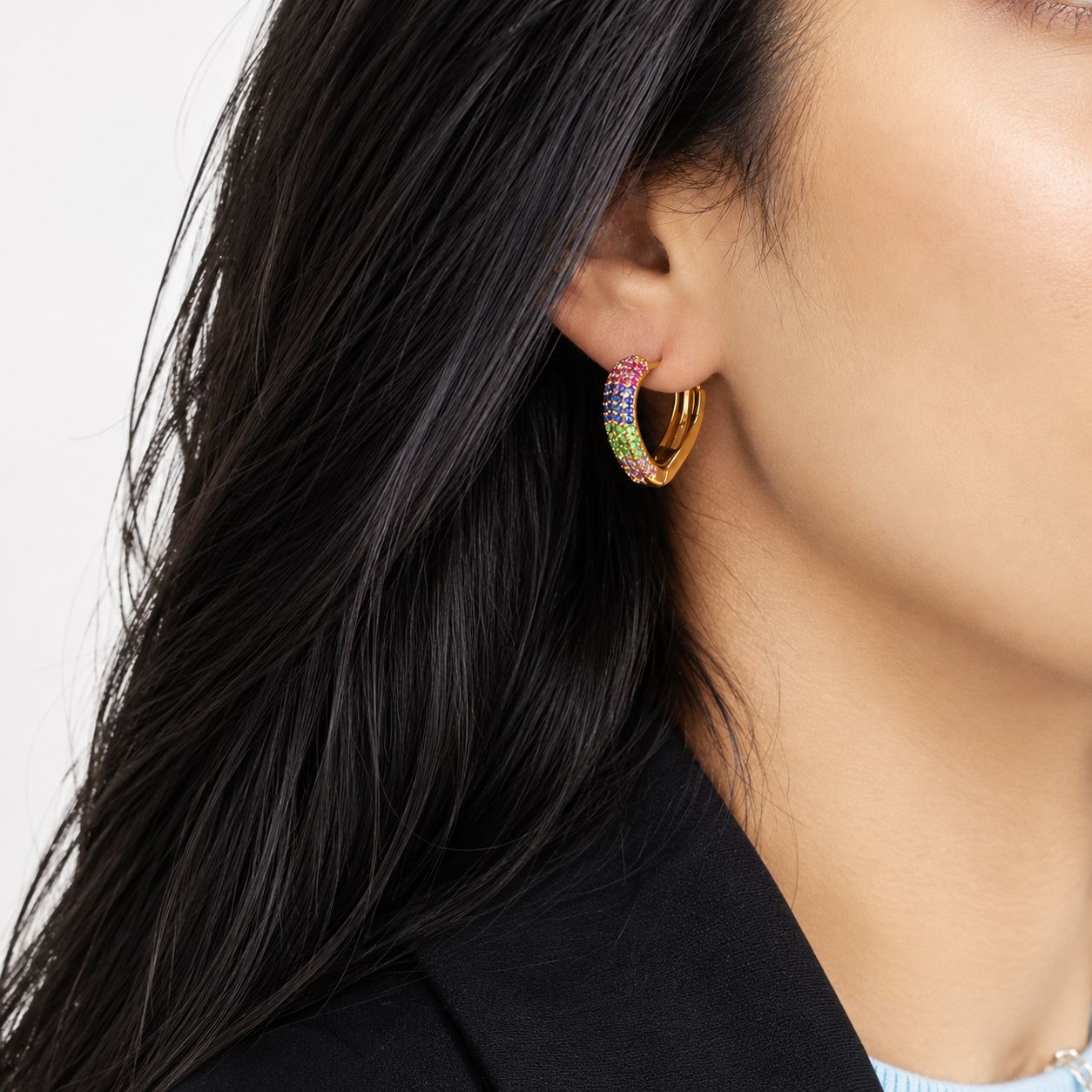 Add a pop of color with these 18K Gold Filled rainbow heart hoop earrings featuring sparkling multicolor cubic zirconia pavé. Lightweight, hypoallergenic and perfect for everyday wear.