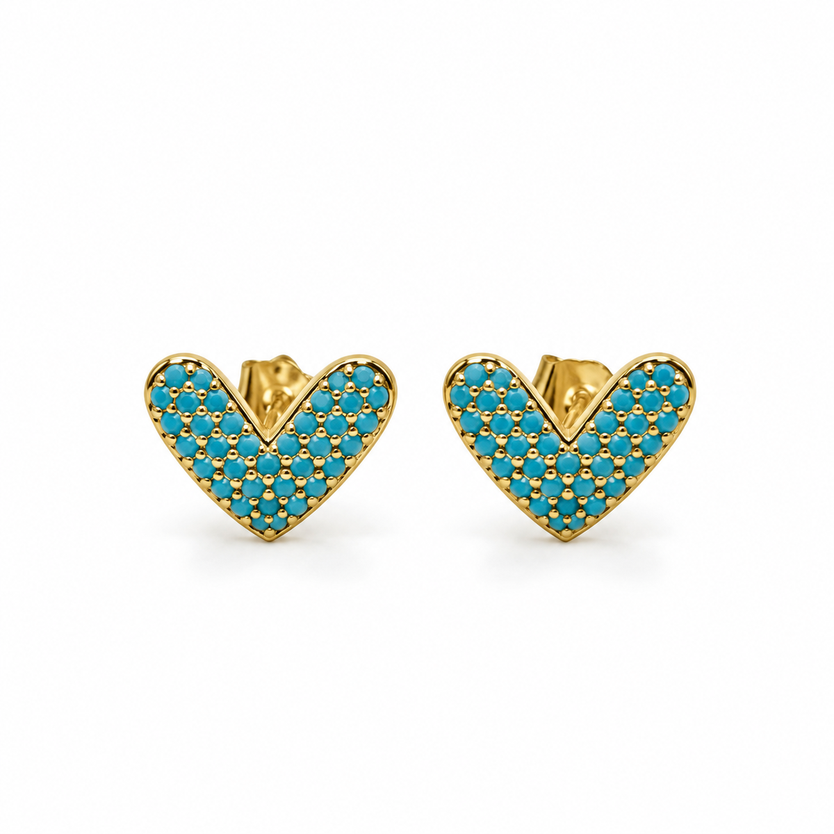 Shop elegant 18K Gold Filled heart jewelry in Clear or Turquoise. Choose from heart stud earrings or a delicate choker necklace. Sold separately.