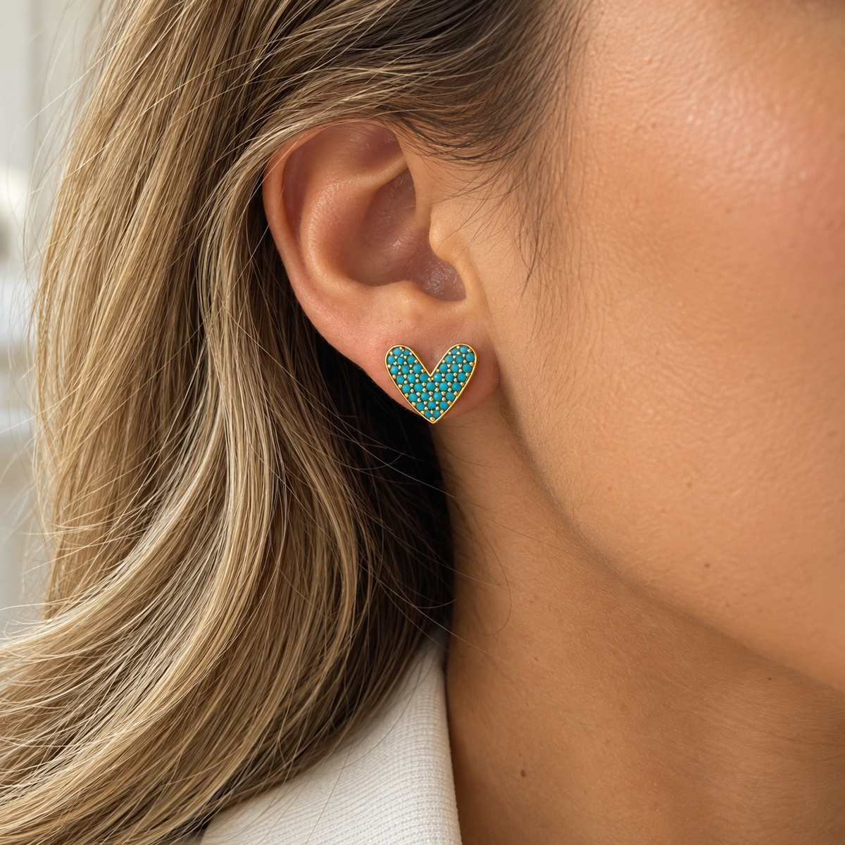 Shop elegant 18K Gold Filled heart jewelry in Clear or Turquoise. Choose from heart stud earrings or a delicate choker necklace. Sold separately.