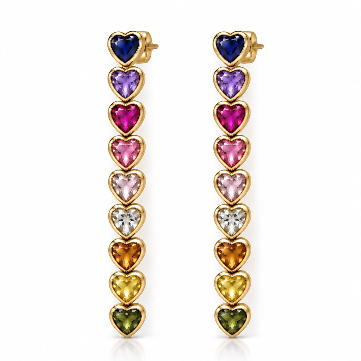 Shop elegant heart-shaped drop earrings featuring linked heart stones and an 18K Gold Filled finish. A sophisticated statement style available in multiple colors.