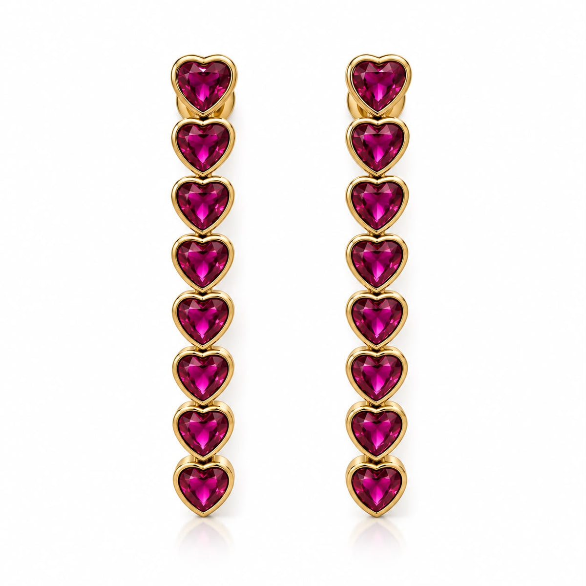 Shop elegant heart-shaped drop earrings featuring linked heart stones and an 18K Gold Filled finish. A sophisticated statement style available in multiple colors.