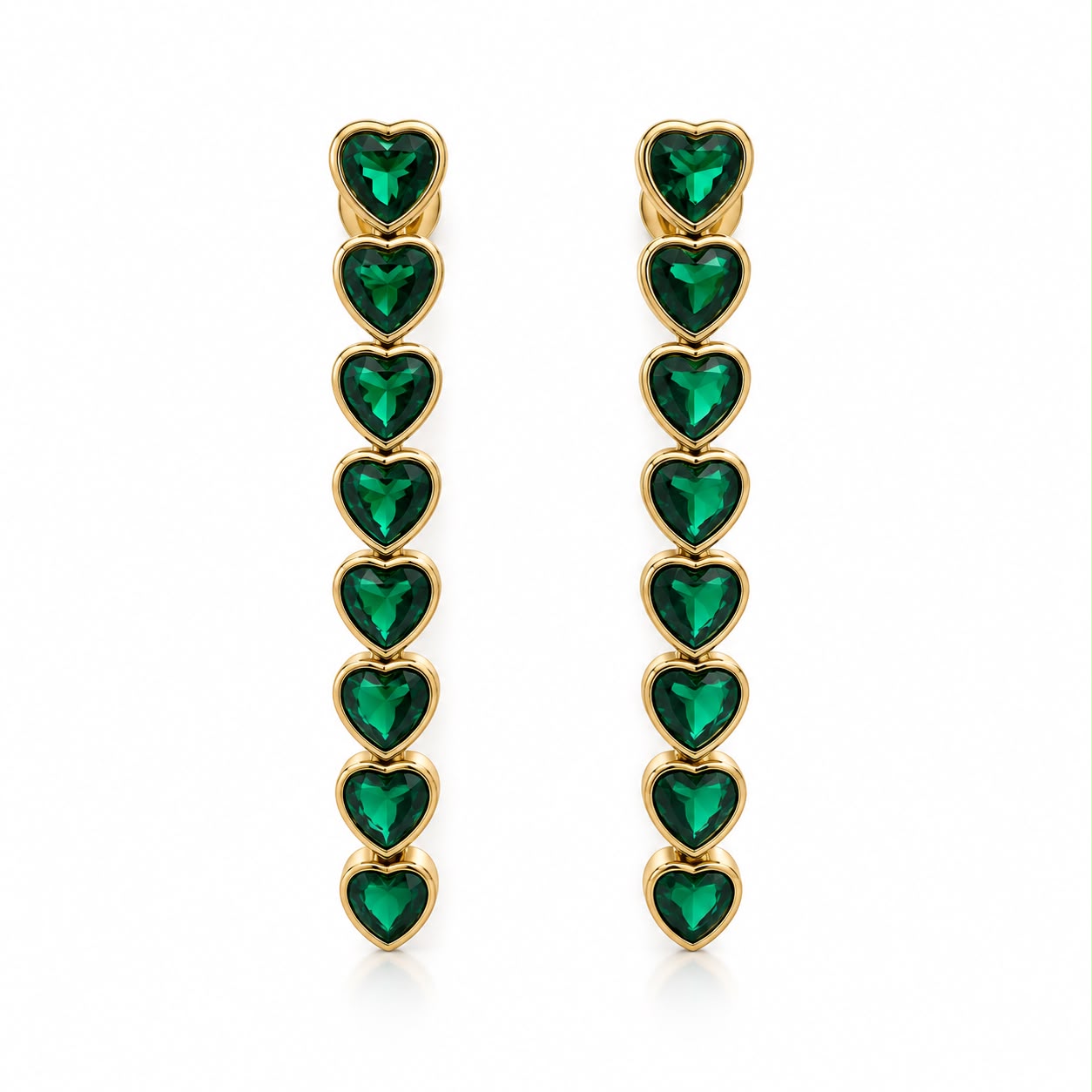 Shop elegant heart-shaped drop earrings featuring linked heart stones and an 18K Gold Filled finish. A sophisticated statement style available in multiple colors.