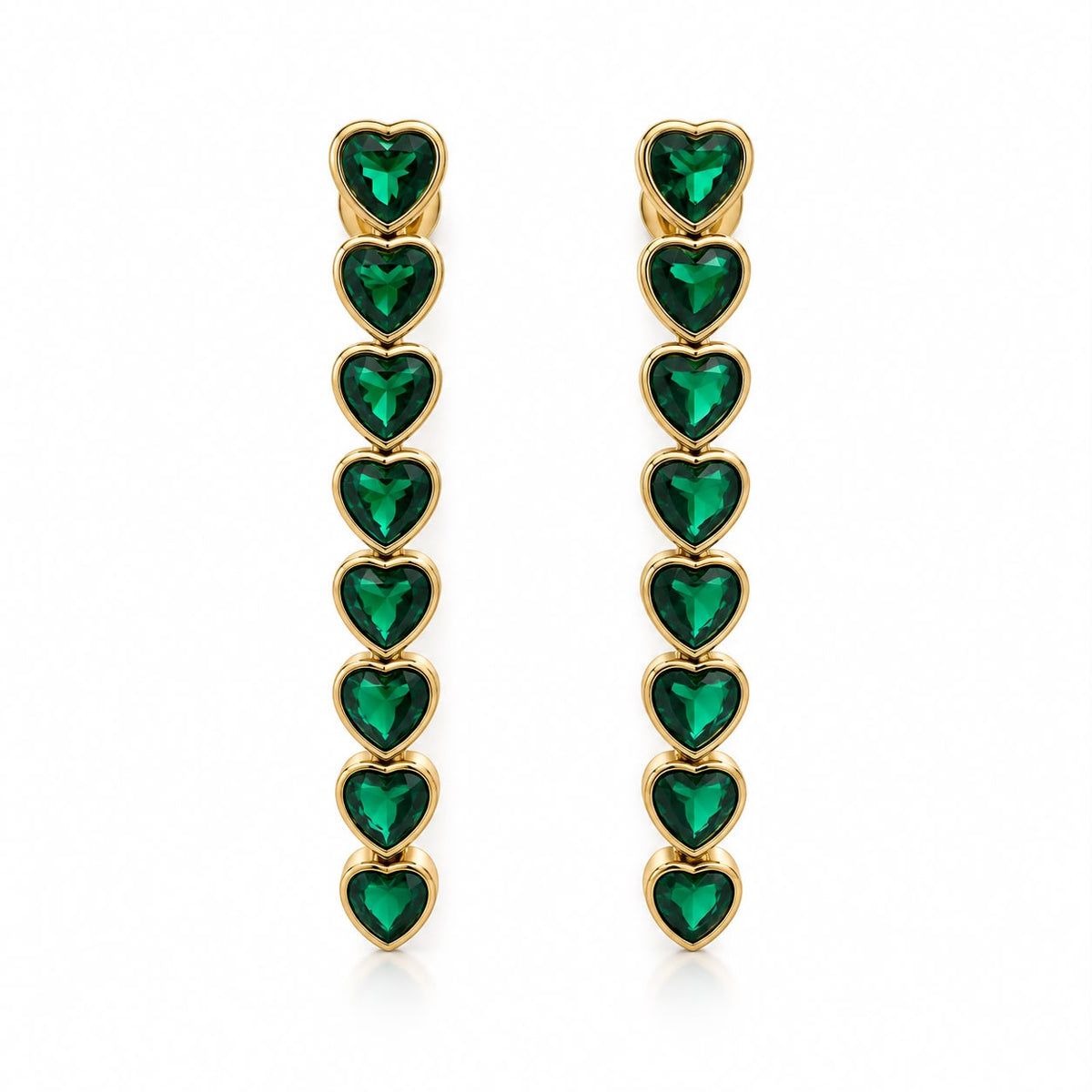 Shop elegant heart-shaped drop earrings featuring linked heart stones and an 18K Gold Filled finish. A sophisticated statement style available in multiple colors.