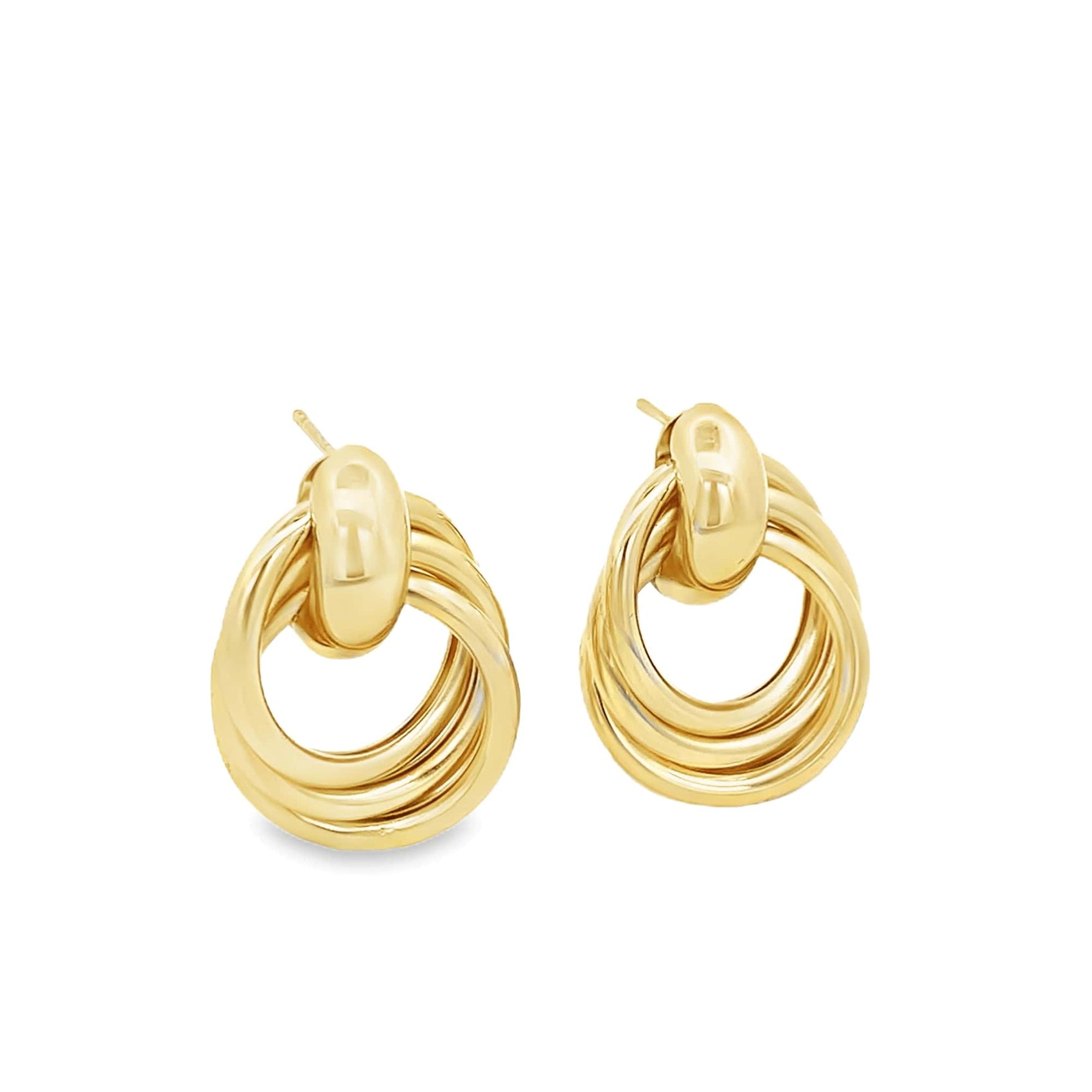 A pair of shiny gold multi-hoop earrings featuring interlocking circular bands hangs against a clean white background.