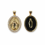 Elegant Virgin Mary oval pendant in 18K Gold Filled with sparkling clear CZ accents. A meaningful religious jewelry piece and beautiful faith-inspired gift.