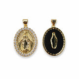 Elegant Virgin Mary oval pendant in 18K Gold Filled with sparkling clear CZ accents. A meaningful religious jewelry piece and beautiful faith-inspired gift.