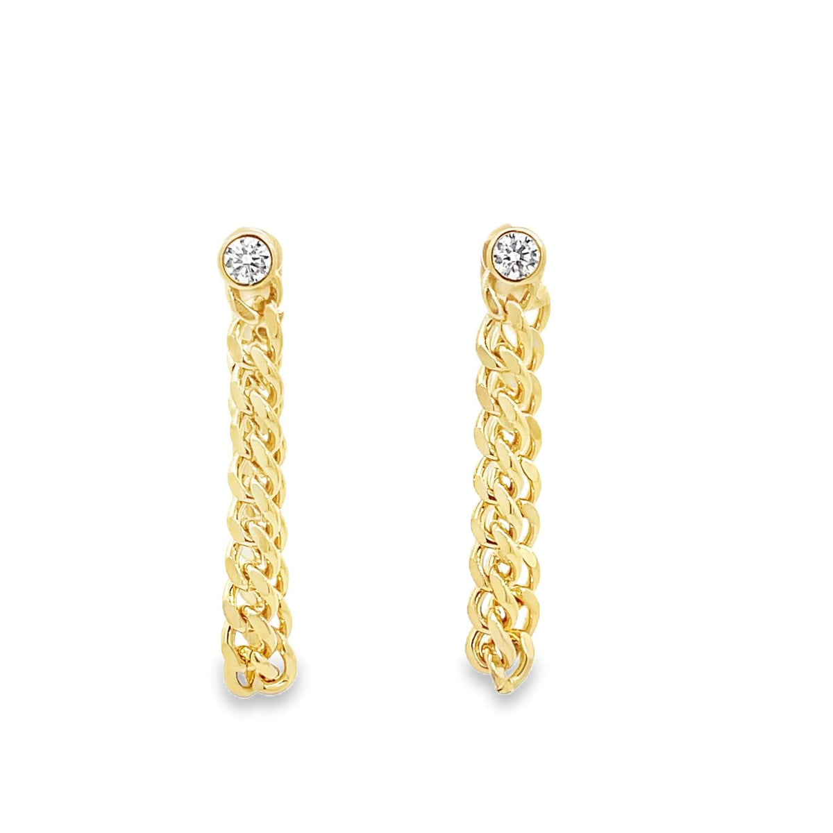 Two elegant gold chain drop earrings sparkle with round-cut diamonds set in yellow gold against a plain white background.