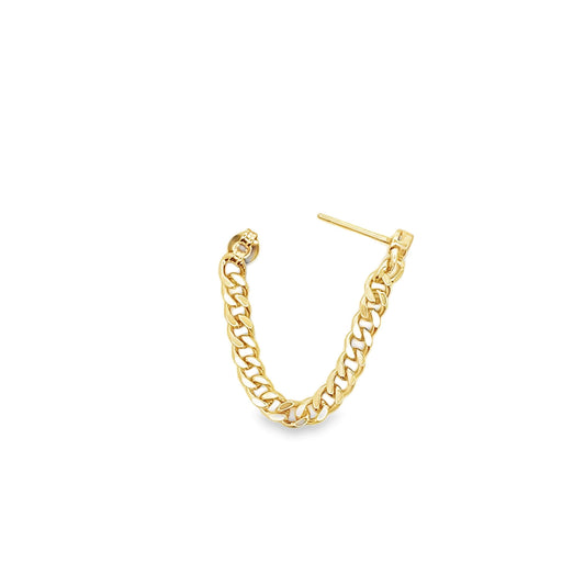 A gold chain link hoop earring rests on a clean white background.