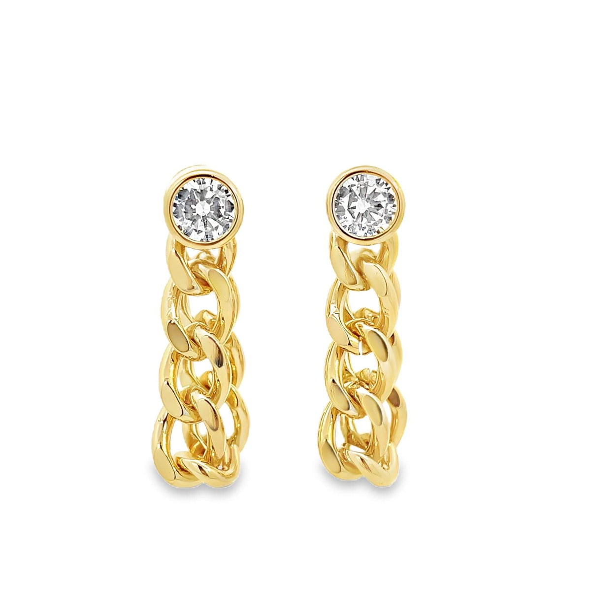 A pair of gold chain link earrings features a sparkling bezel-set diamond stud at the top against a clean white background.
