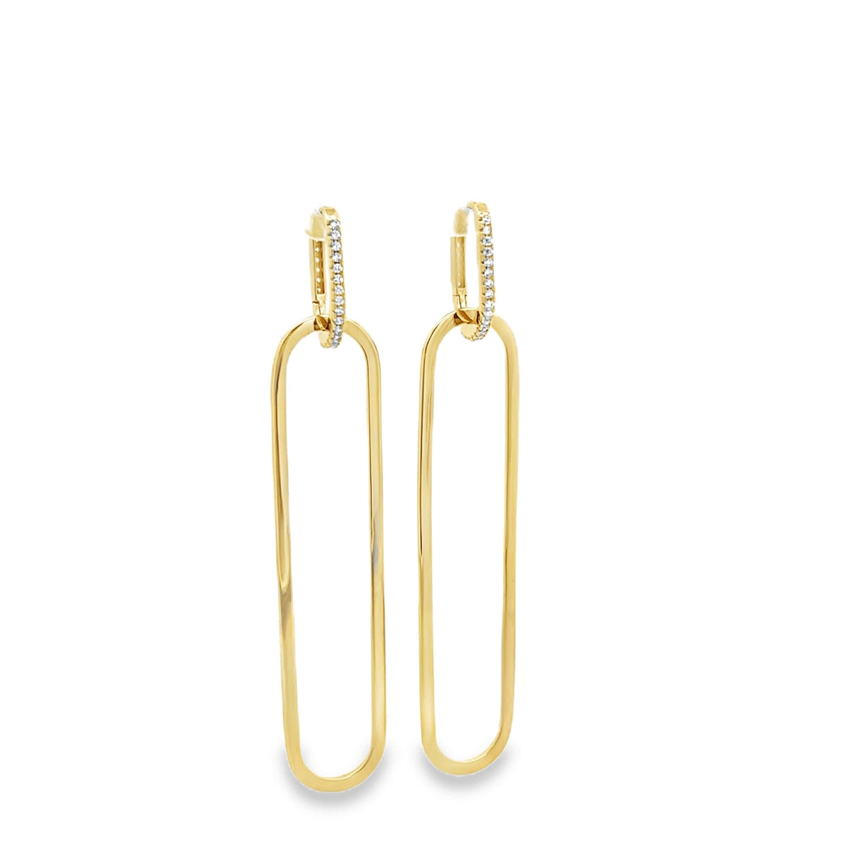 A pair of elegant gold hoop earrings features elongated oval drop links with sparkling pavé-set diamonds on the upper hoops against a clean white background.