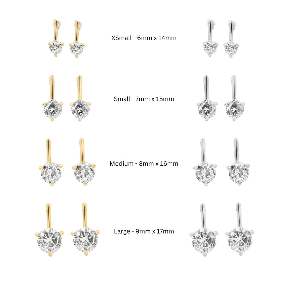 A size chart displays four rows of gold and silver solitaire CZ earrings, ranging from extra small to large.