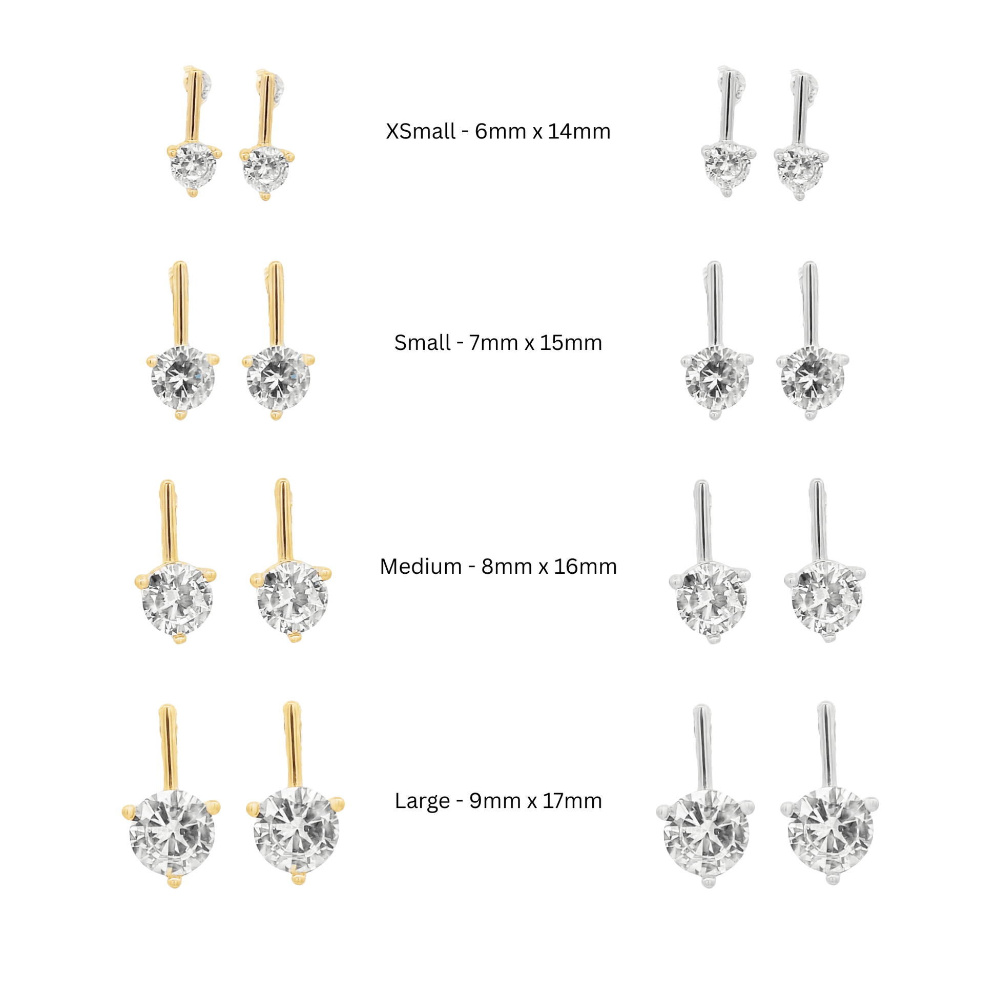A size chart displays four rows of gold and silver solitaire CZ earrings, ranging from extra small to large.