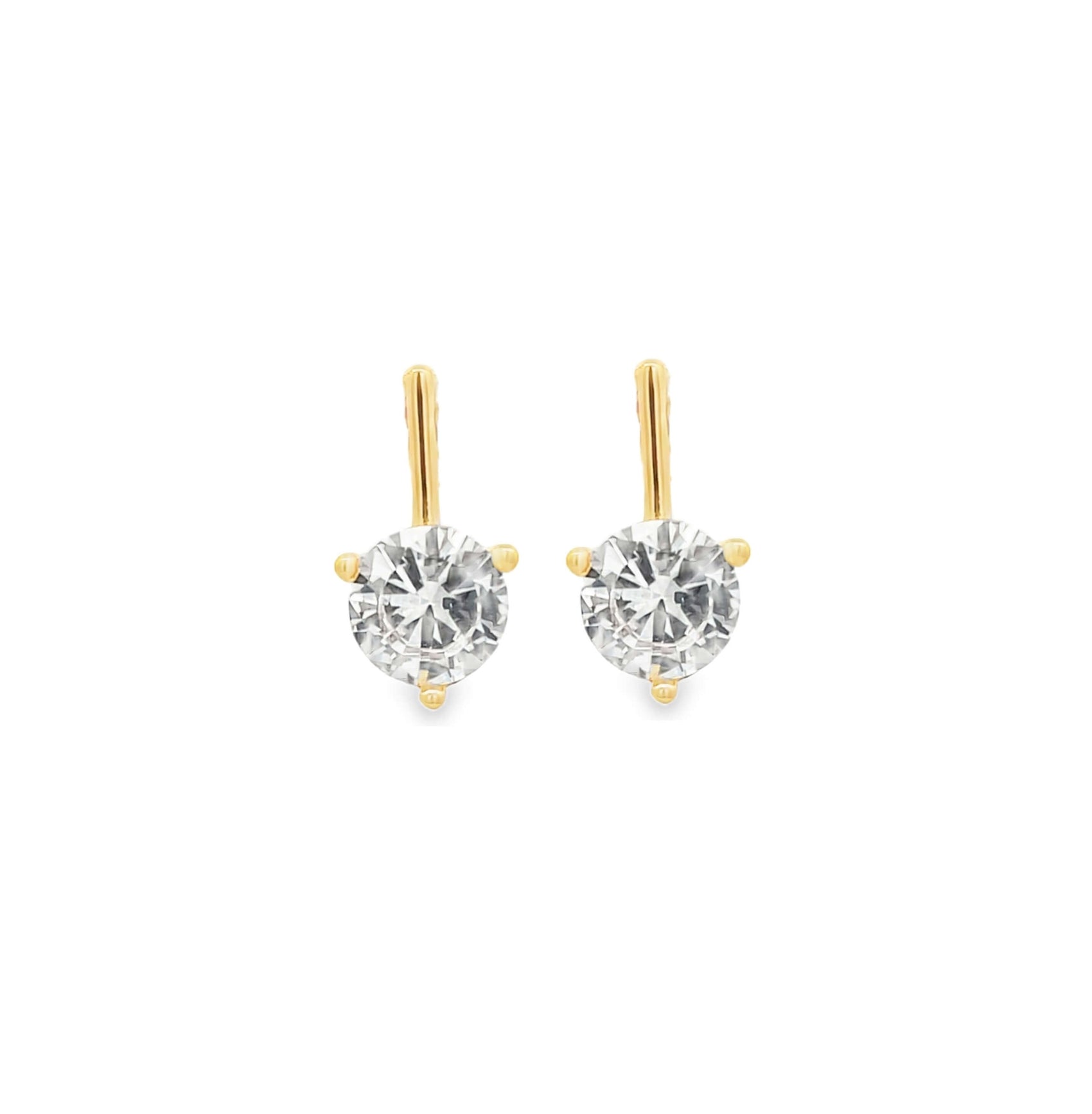 A pair of elegant gold leverback earrings feature sparkling round cubic zirconia stones set against a clean white background.
