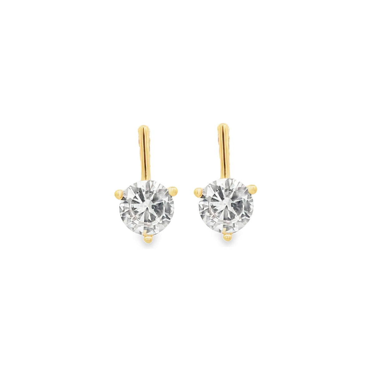 A pair of elegant gold leverback earrings feature sparkling round cubic zirconia stones set against a clean white background.