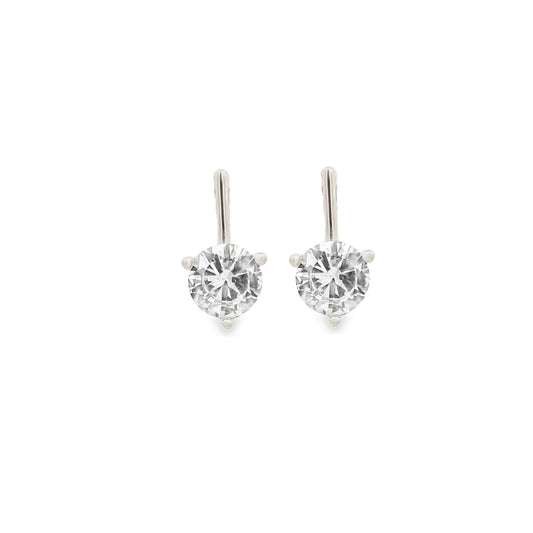 A pair of elegant solitaire diamond drop earrings sparkles against a clean white background.