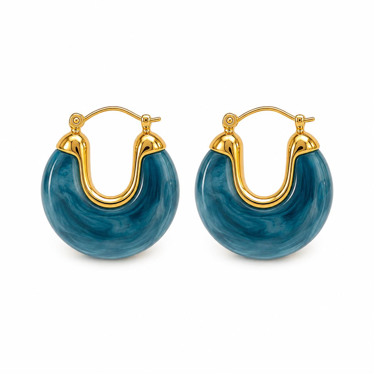 Elevate your style with lightweight 18K Gold Filled marbled resin hoop earrings. Glossy statement design available in multiple colors for everyday elegance.
