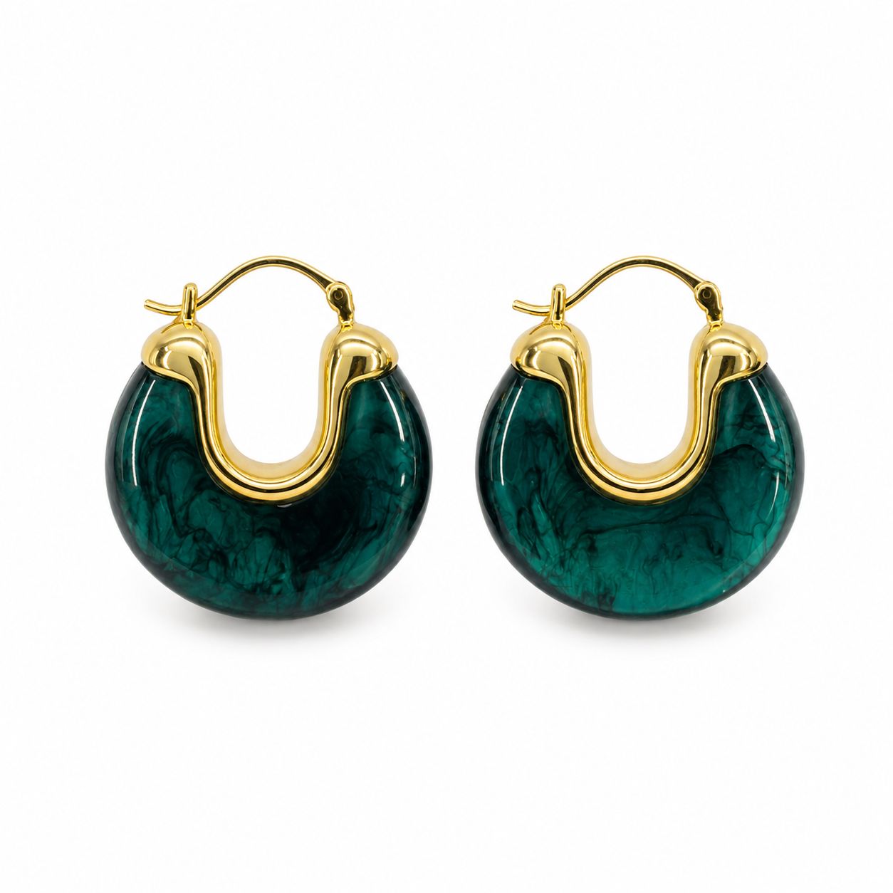 Elevate your style with lightweight 18K Gold Filled marbled resin hoop earrings. Glossy statement design available in multiple colors for everyday elegance.