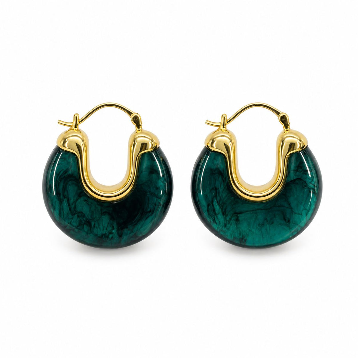 A pair of glossy dark green resin hoop earrings with polished gold-plated accents sit side-by-side on a clean white background.