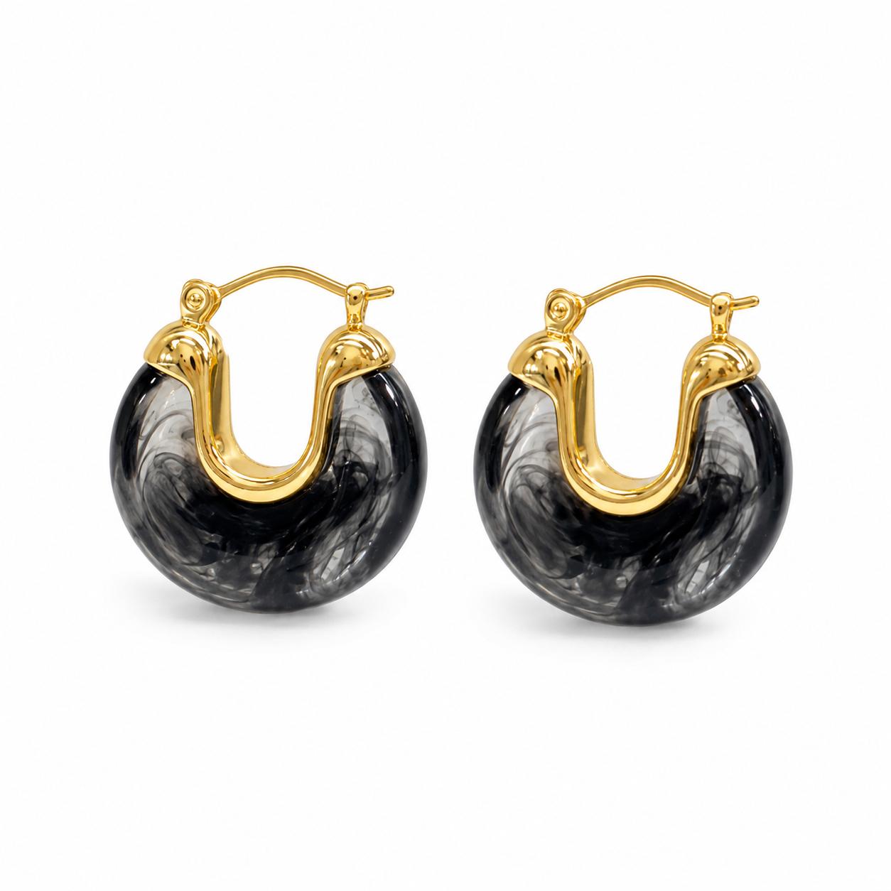 Elevate your style with lightweight 18K Gold Filled marbled resin hoop earrings. Glossy statement design available in multiple colors for everyday elegance.