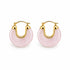 A pair of gold hoop earrings featuring polished pink marble stone accents rests against a clean white background.