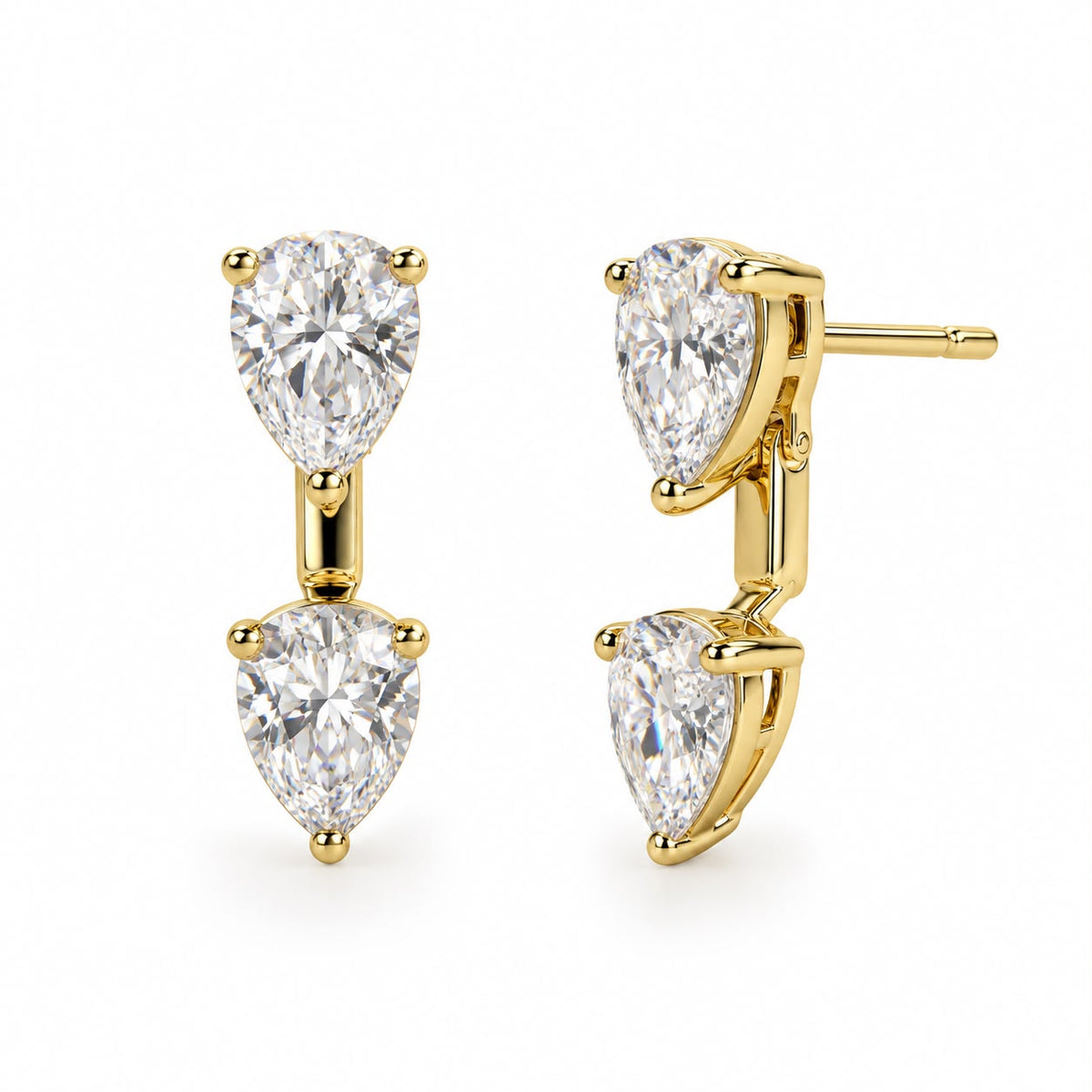 Elegant pear cut double drop earrings featuring two faceted stones in a refined 18K Gold Filled setting. Available in multiple color options.