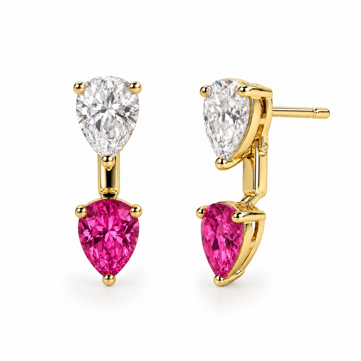 Elegant pear cut double drop earrings featuring two faceted stones in a refined 18K Gold Filled setting. Available in multiple color options.