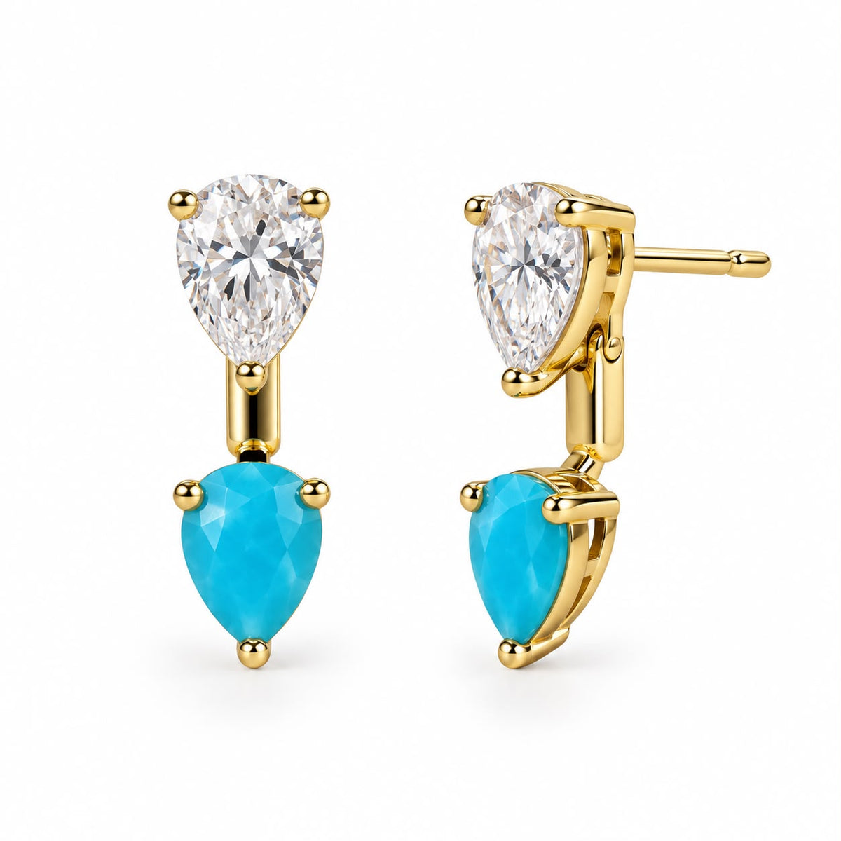 Elegant pear cut double drop earrings featuring two faceted stones in a refined 18K Gold Filled setting. Available in multiple color options.