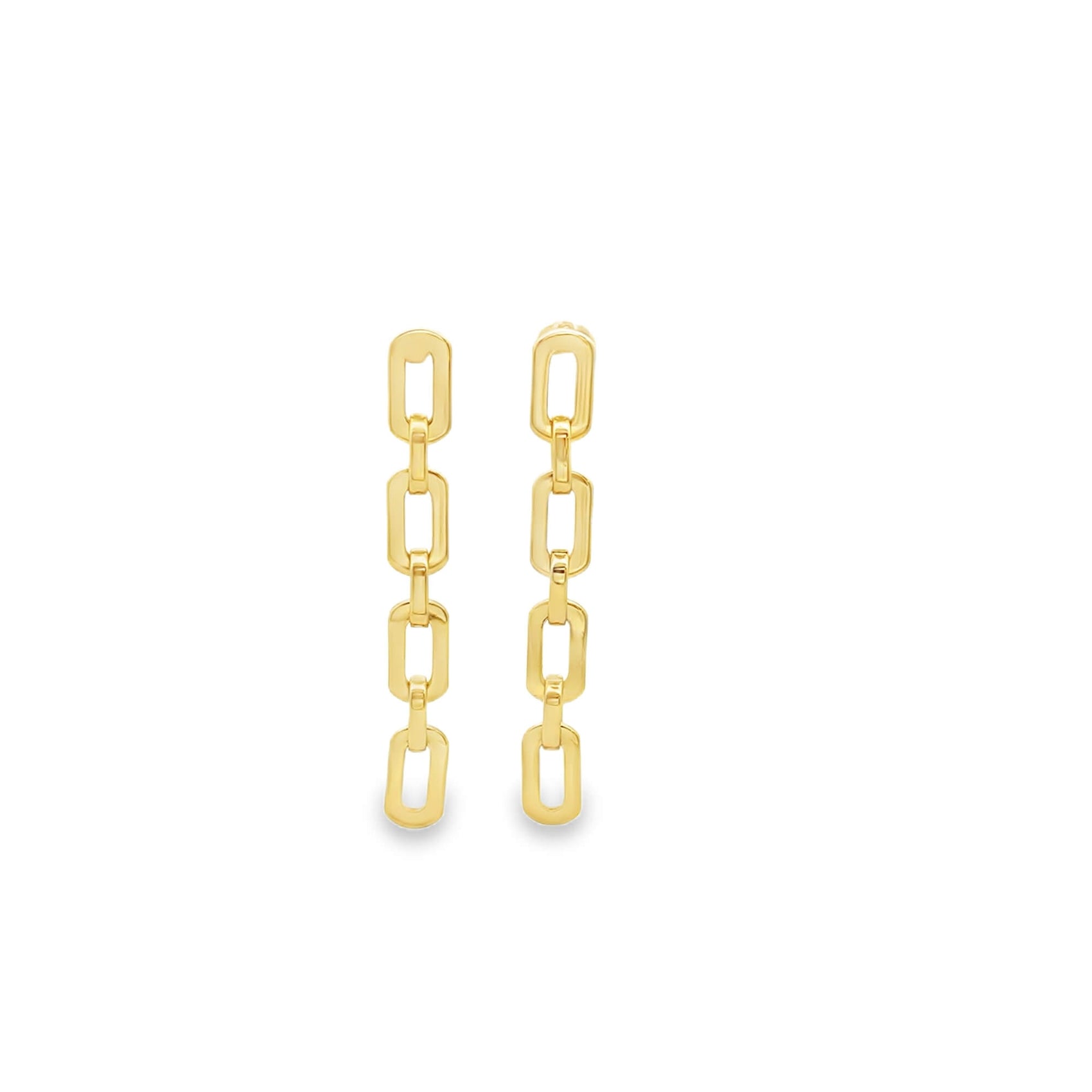 A pair of dangling gold chain-link earrings rests against a clean white background.