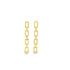A pair of dangling gold chain-link earrings rests against a clean white background.