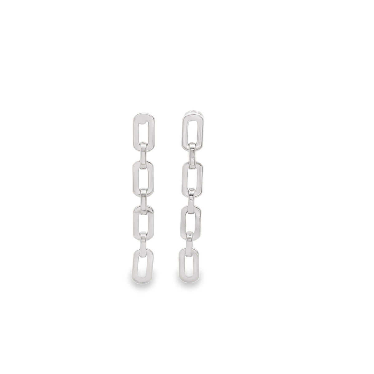 A pair of polished silver chain-link dangle earrings rest against a clean white background.