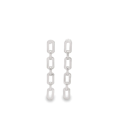 A pair of polished silver chain-link dangle earrings rest against a clean white background.