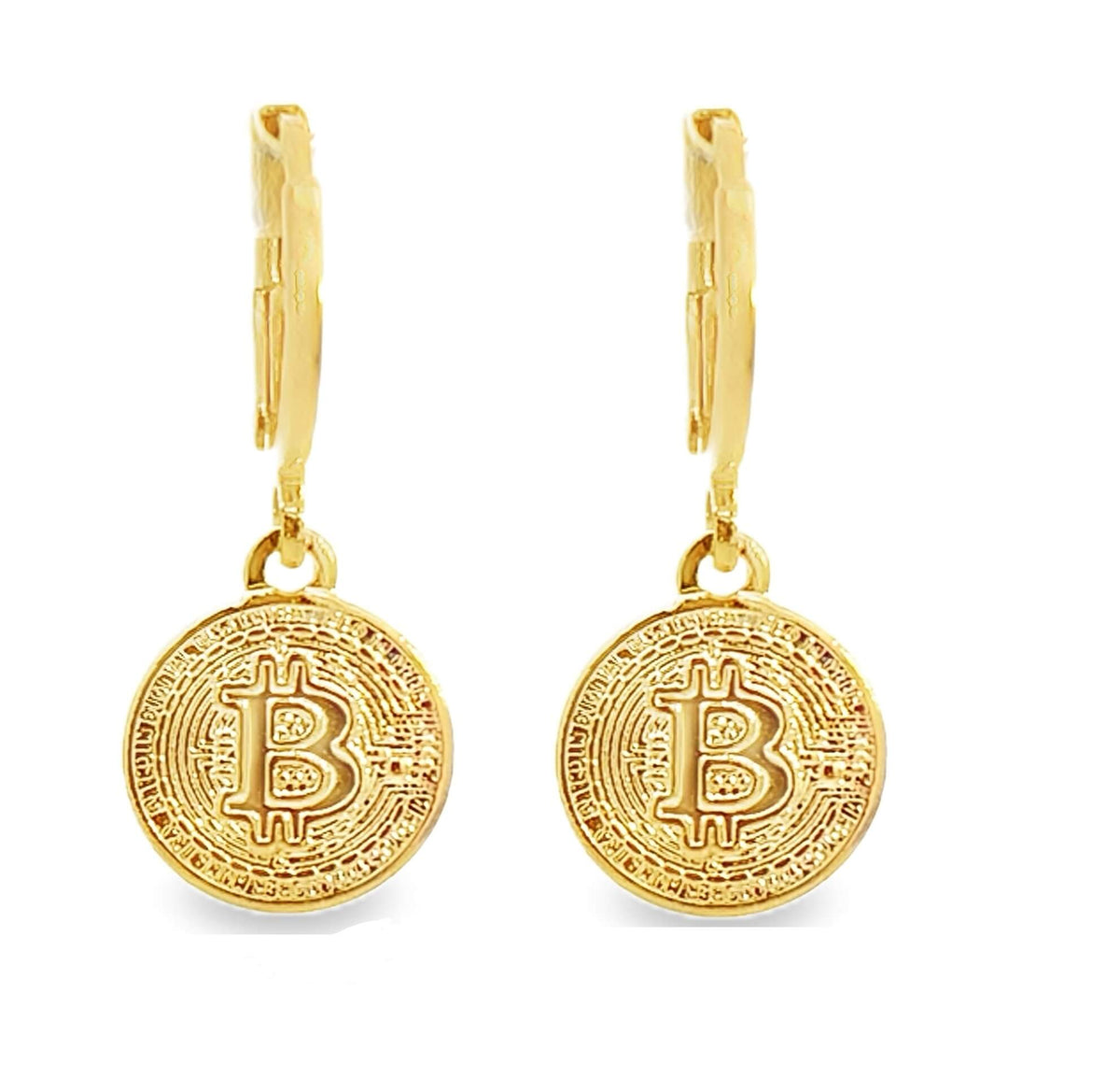 Gold Bitcoin-themed earrings on a white background