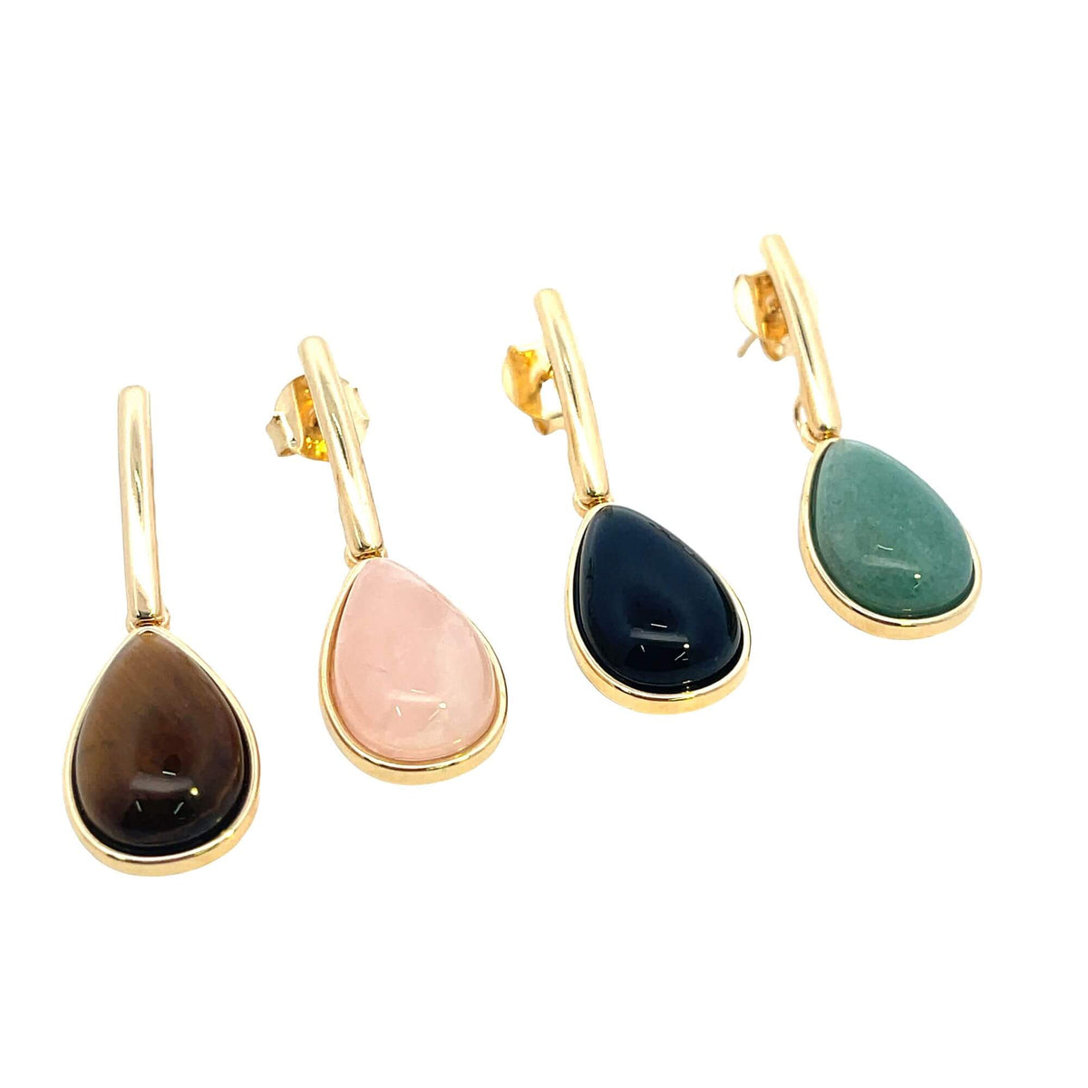 Four pairs of gold teardrop gemstone earrings showcase brown, pink, black, and green stones against a white background.