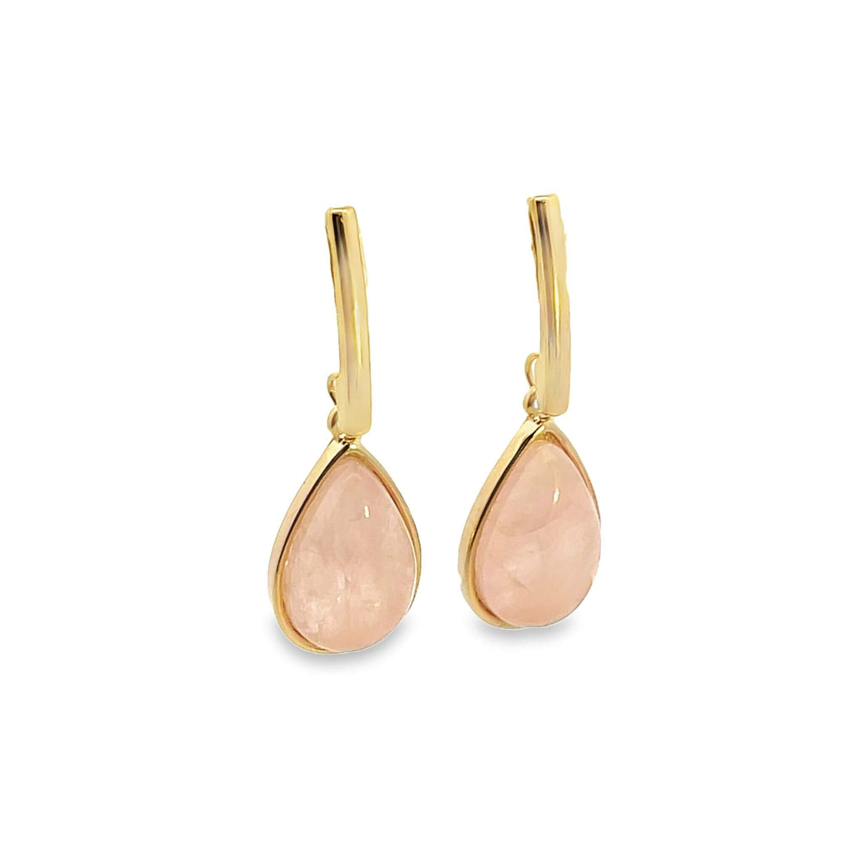A pair of elegant gold drop earrings featuring teardrop-shaped pink quartz gemstones hangs against a clean white background.