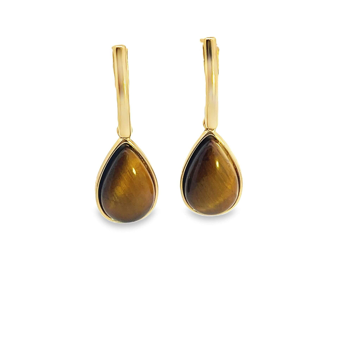A pair of elegant gold teardrop earrings features polished tiger's eye gemstones hanging from classic leverback closures.