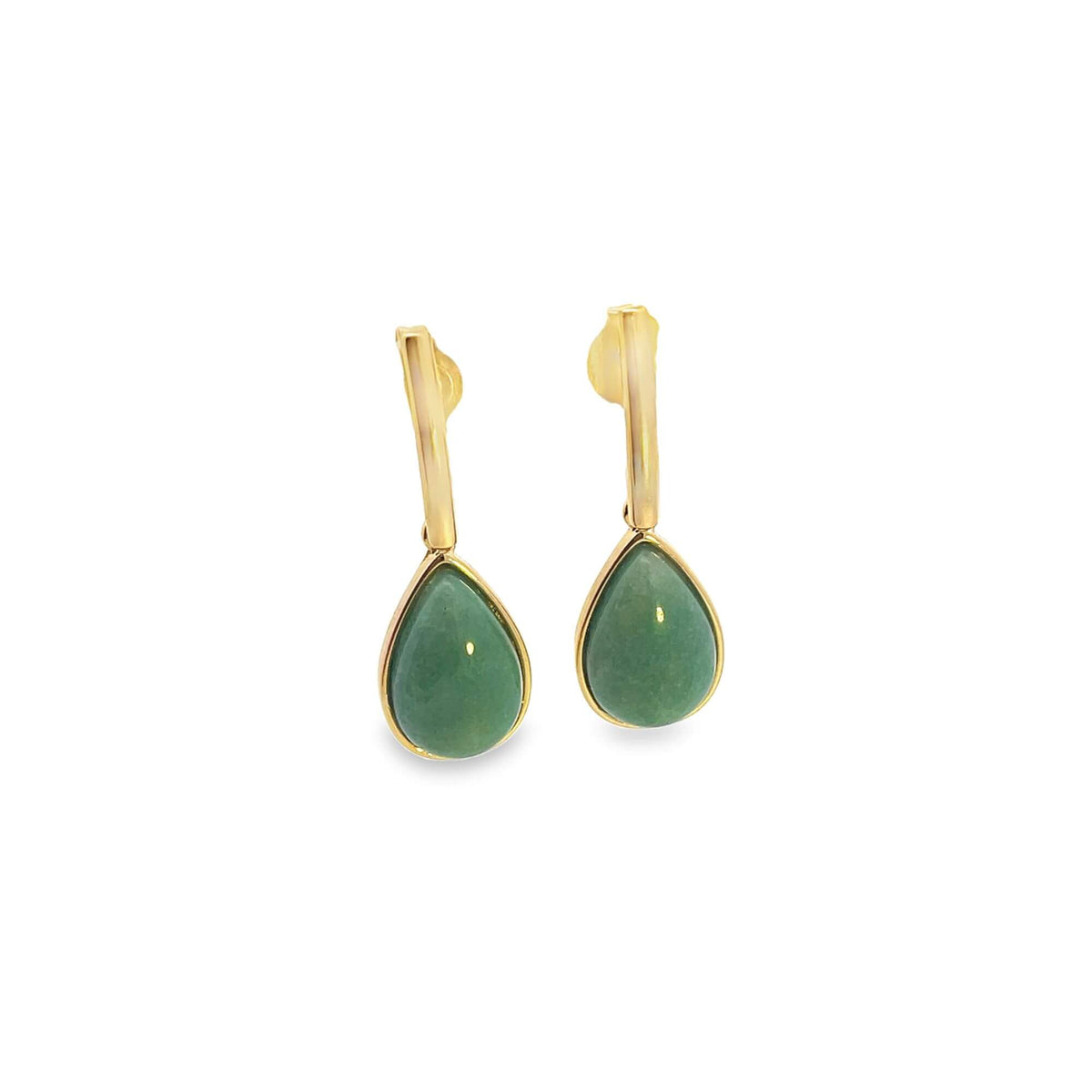 A pair of gold drop earrings features dangling green aventurine teardrop gemstones against a clean white background.