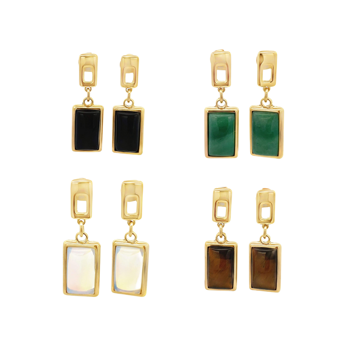 Four pairs of gold geometric drop earrings showcase rectangular gemstones in black, green, white, and brown.