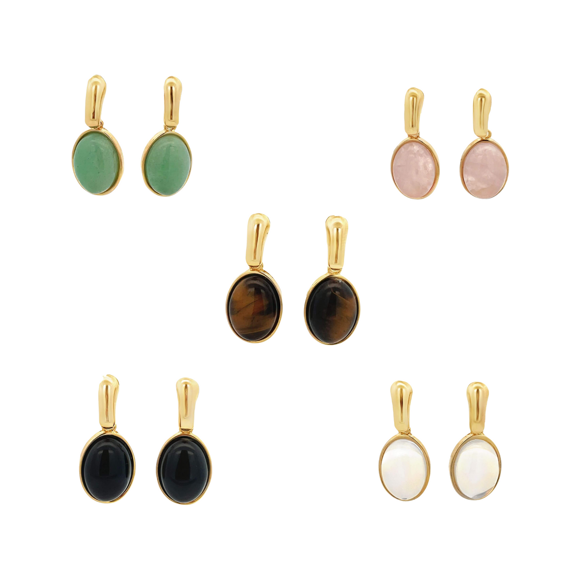 Five pairs of gold drop earrings featuring colorful oval gemstones in green, pink, tiger's eye, black, and white display against a white background.