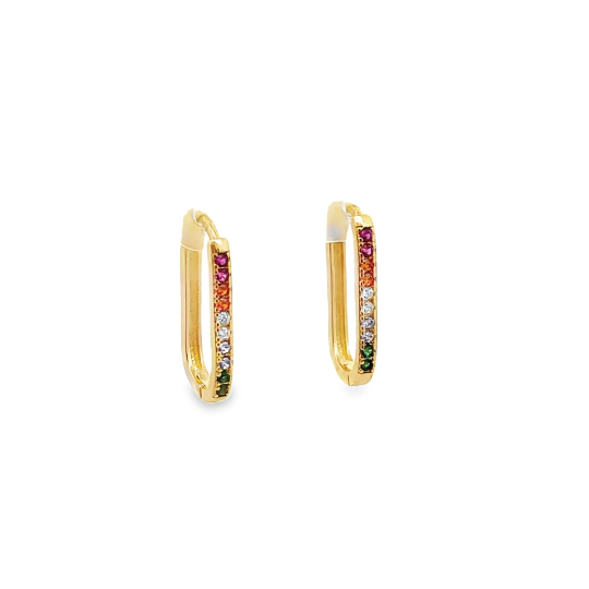 A pair of gold rectangular hoop earrings sparkle with colorful cubic zirconia stones.