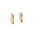 A pair of gold rectangular hoop earrings sparkle with colorful cubic zirconia stones.
