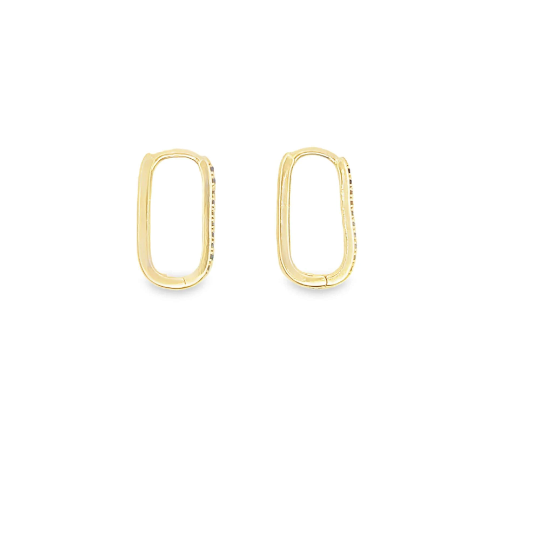 A pair of sleek gold rectangular huggie hoop earrings rests against a clean white background.