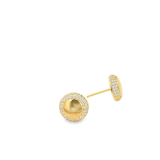 A pair of gold stud earrings featuring a polished center surrounded by sparkling pave diamonds.