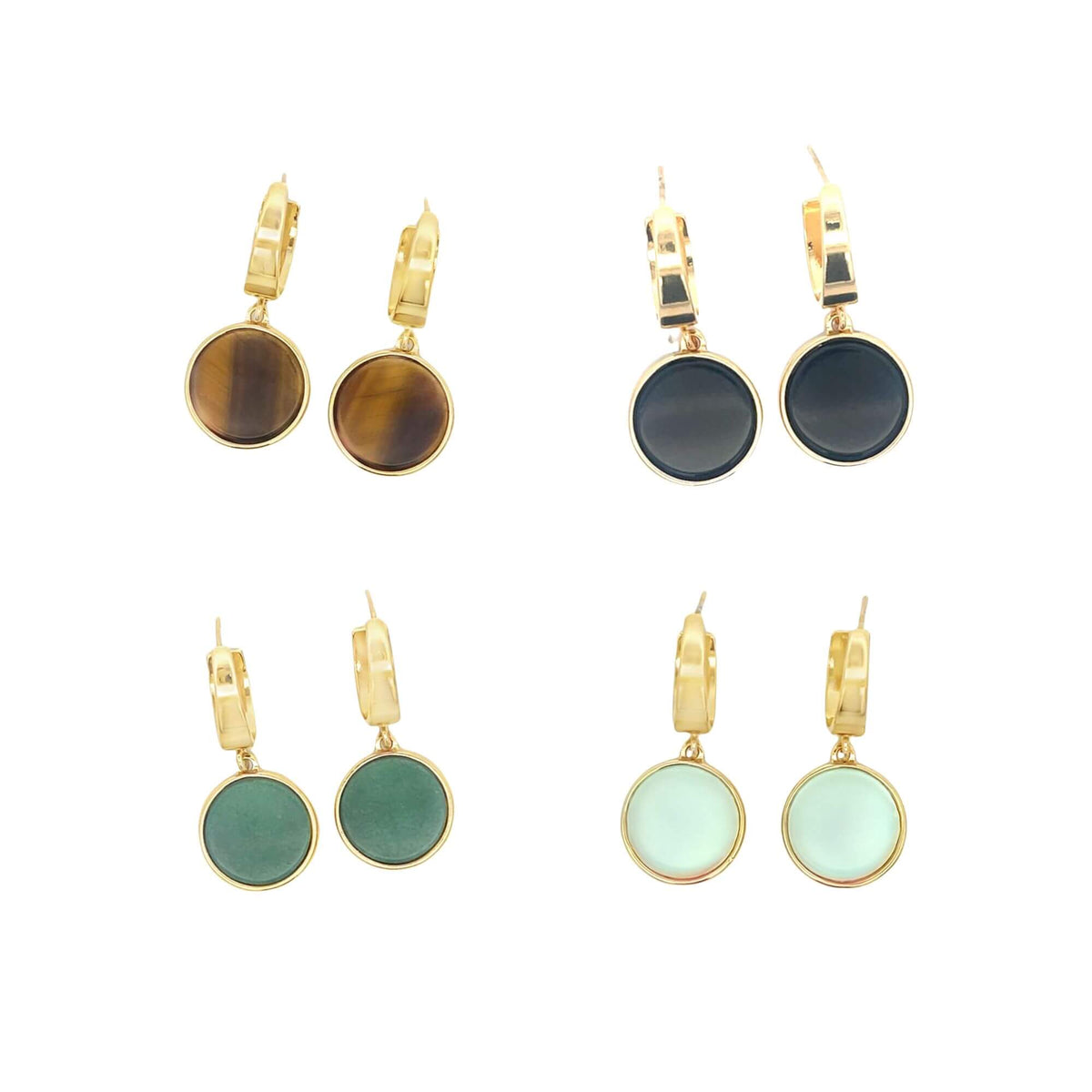 Four pairs of gold hoop earrings with round gemstone dangles in tiger's eye, black, green, and mint display against a white background.