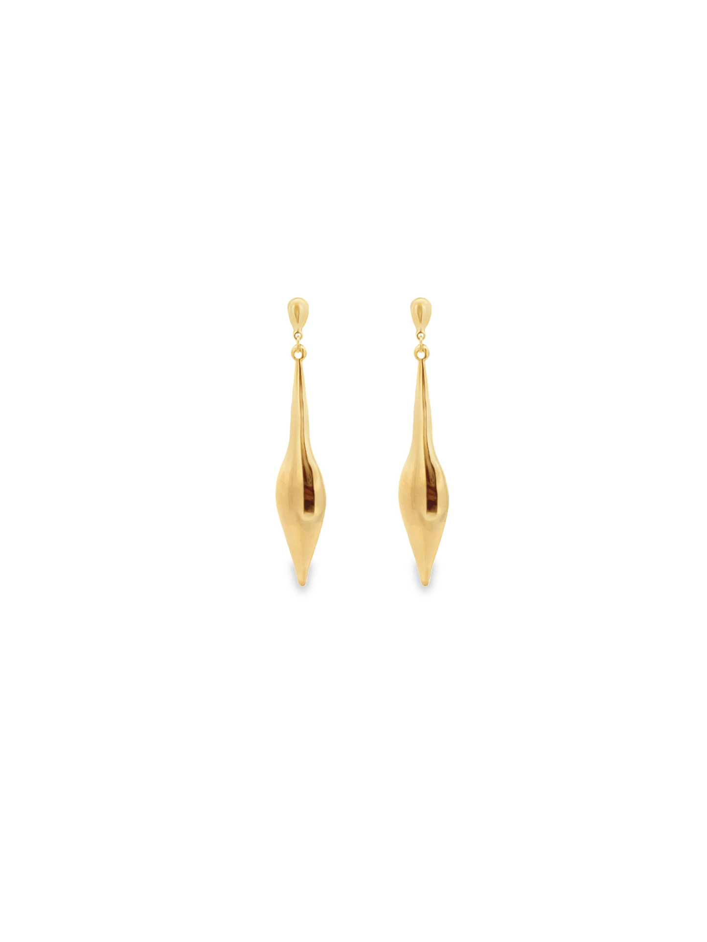 A pair of elegant gold teardrop dangle earrings hang gracefully against a plain white background.