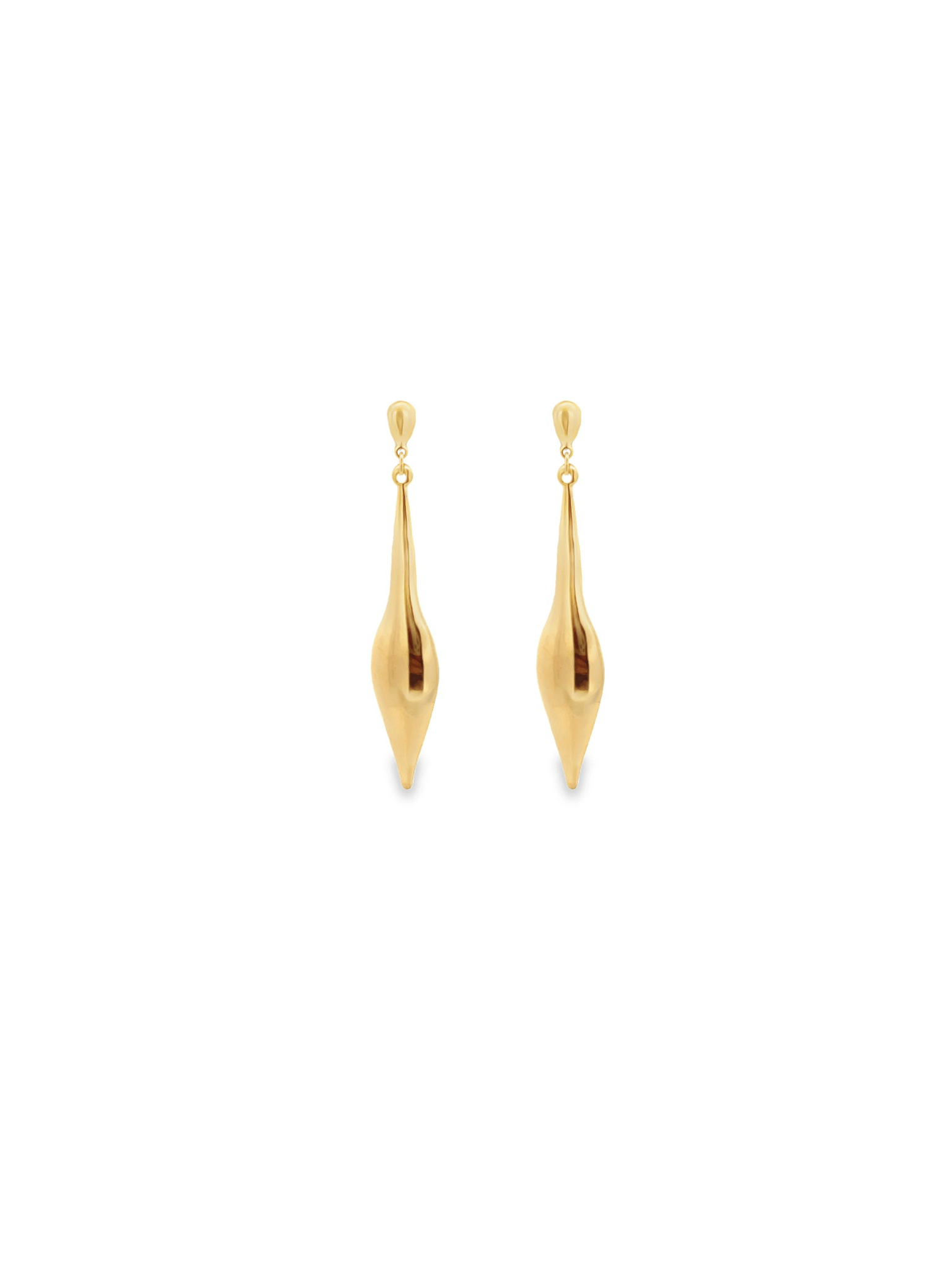 A pair of elegant gold teardrop dangle earrings hang gracefully against a plain white background.