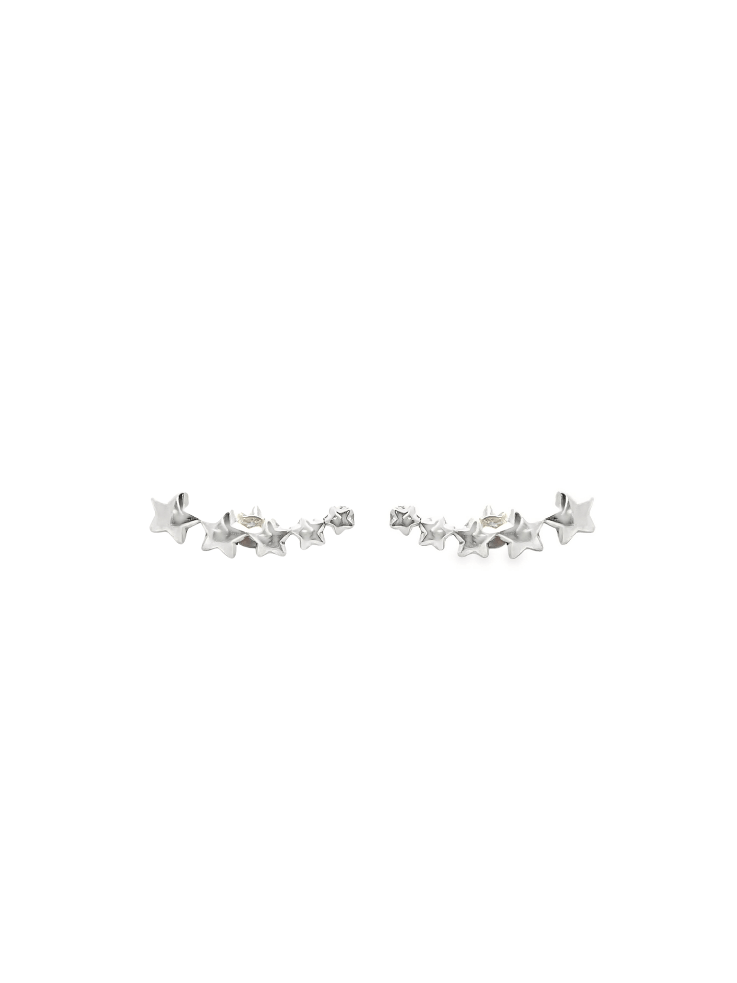 A pair of silver star crawler earrings sparkle against a clean white background.