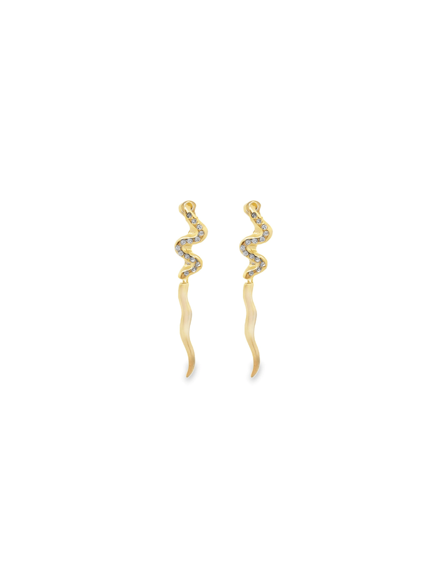 A pair of gold snake-shaped earrings sparkles with embedded crystals against a plain white background.