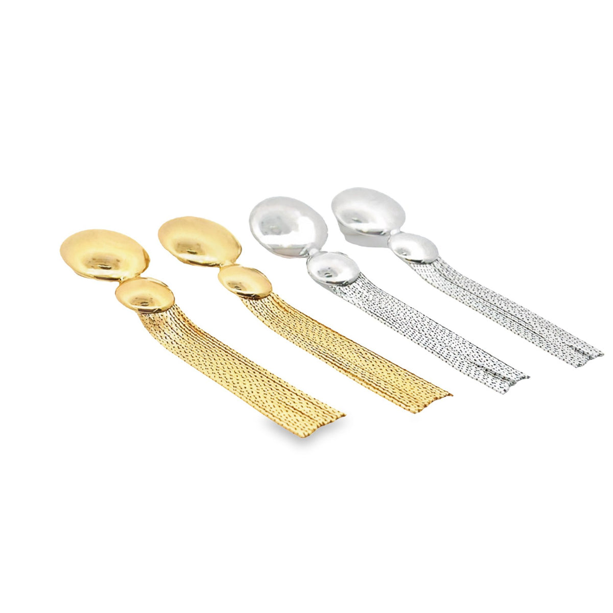 Two pairs of gold and silver dangle earrings feature long, shimmering mesh fringe hanging from smooth, rounded metal studs.